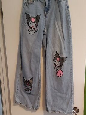 Light Blue Women's Jeans with Pink Character Graphics
